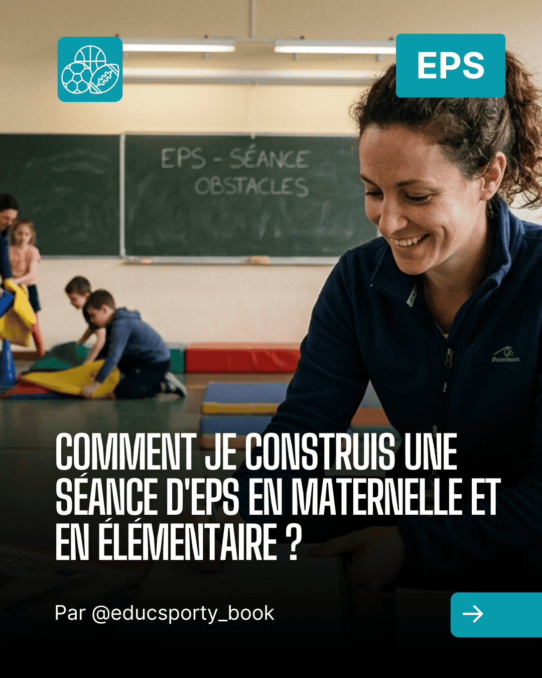 Professeur d'EPS encadrant une séance avec des enfants en maternelle et élémentaire.